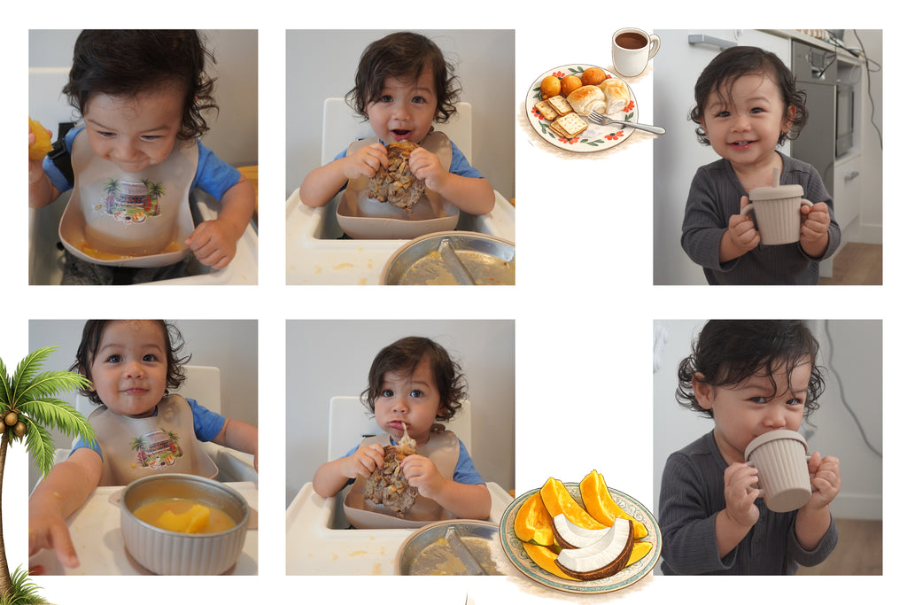 Collage of a child eating various foods including cereal, fruit, and a cup using praise baby co feeding set
