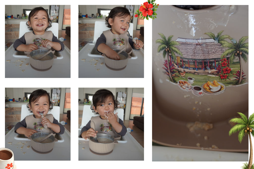 Collage of a child eating with a bowl and spoon, followed by a close-up of a decorative bowl with a tropical design.