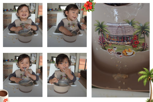 Collage of a child eating with a bowl and spoon, followed by a close-up of a decorative bowl with a tropical design.