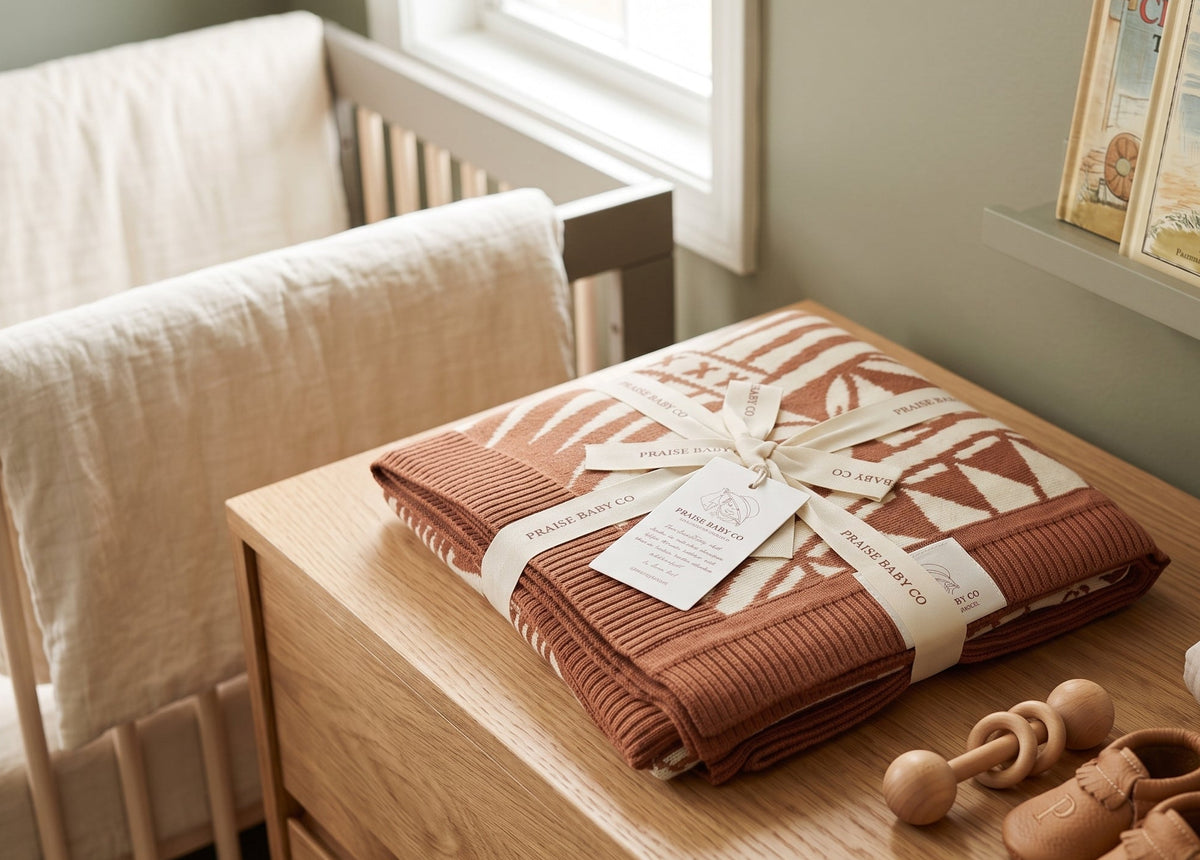 A folded terracotta-colored knit baby blanket with a polynesian patterns